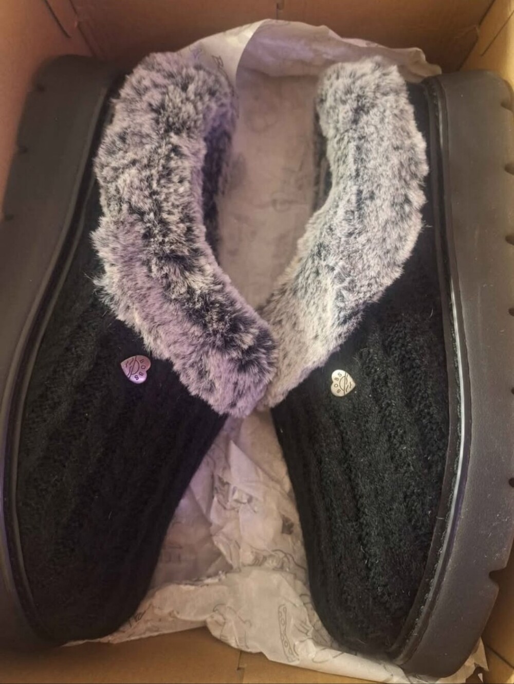 BOBS from Skechers Women's Black Slip-On Slippers with Gray Faux-Fur Collar